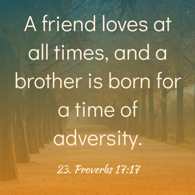 A friend loves at all times, and a brother is born for a time of adversity. - 23. Proverbs 17:17