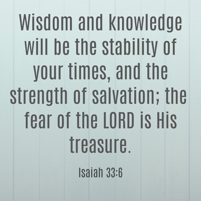 Wisdom and knowledge will be the stability of your times, and the strength of salvation; the fear of the LORD is His treasure. - Isaiah 33:6