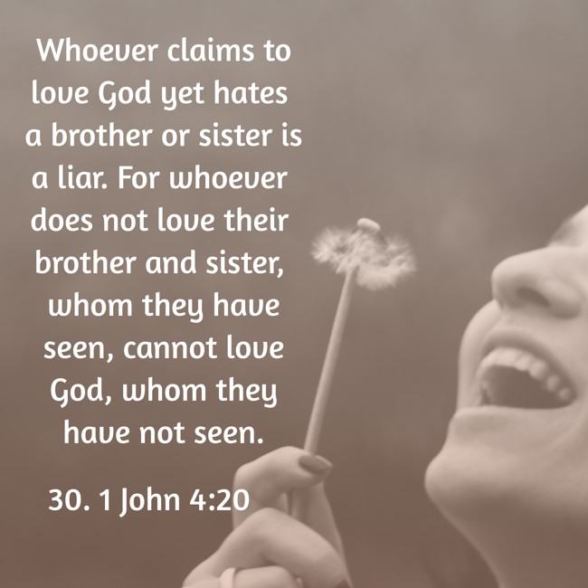 Whoever claims to love God yet hates a brother or sister is a liar. For whoever does not love their brother and sister, whom they have seen, cannot love God, whom they have not seen. - 30. 1 John 4:20