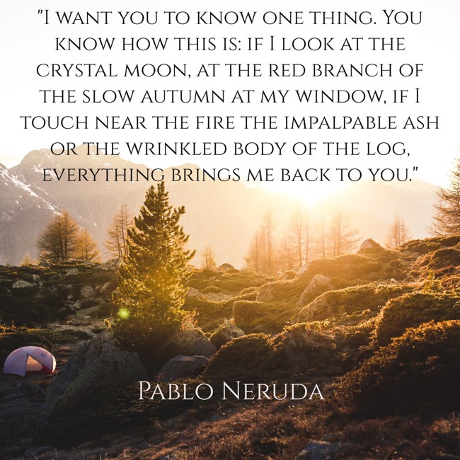 I want you to know one thing. You know how this is: if I look at the crystal moon, at the red branch of the slow autumn at my window, if I touch near the fire the impalpable ash or the wrinkled body of the log, everything brings me back to you. - Pablo Neruda