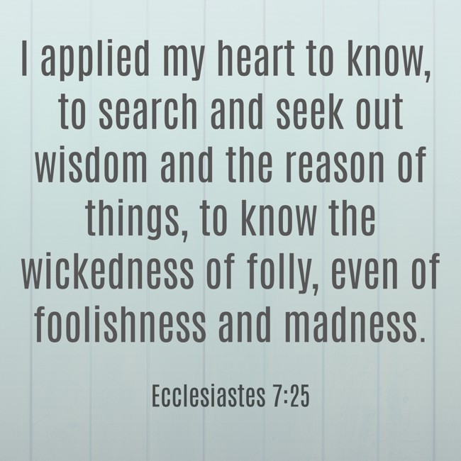 I applied my heart to know, to search and seek out wisdom and the reason of things, to know the wickedness of folly, even of foolishness and madness. - Ecclesiastes 7:25