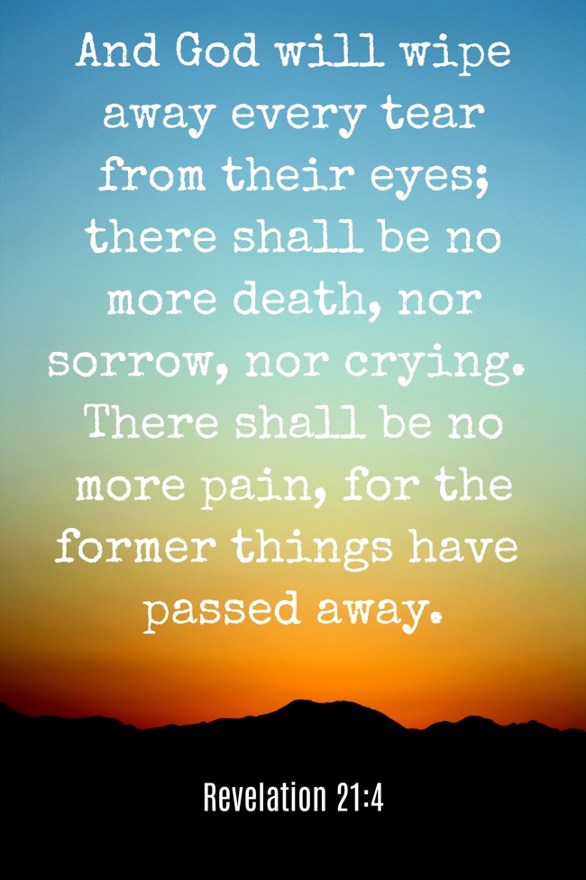 And God will wipe away every tear from their eyes; there shall be no more death, nor sorrow, nor crying. There shall be no more pain, for the former things have passed away. - Revelation 21:4