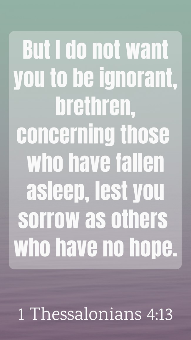 But I do not want you to be ignorant, brethren, concerning those who have fallen asleep, lest you sorrow as others who have no hope. - 1 Thessalonians 4:13