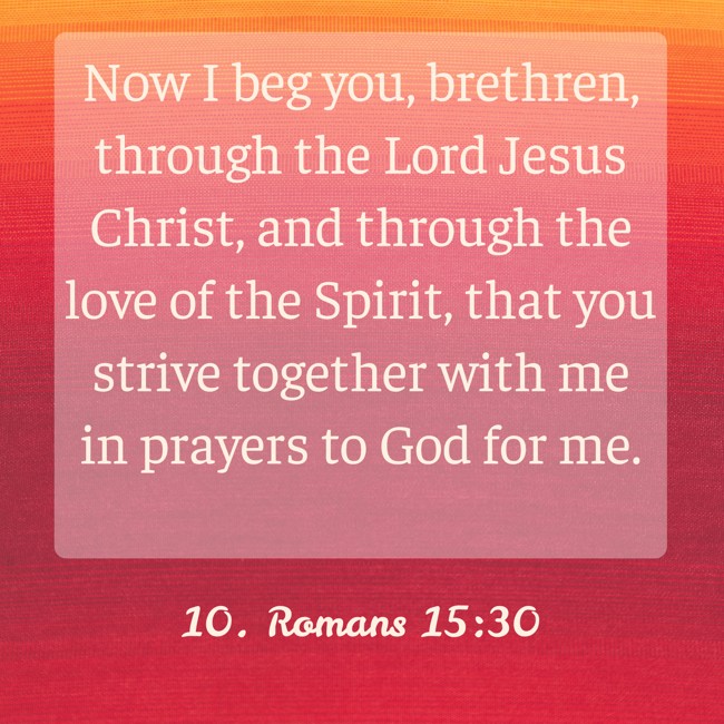 Now I beg you, brethren, through the Lord Jesus Christ, and through the love of the Spirit, that you strive together with me in prayers to God for me. - 10. Romans 15:30