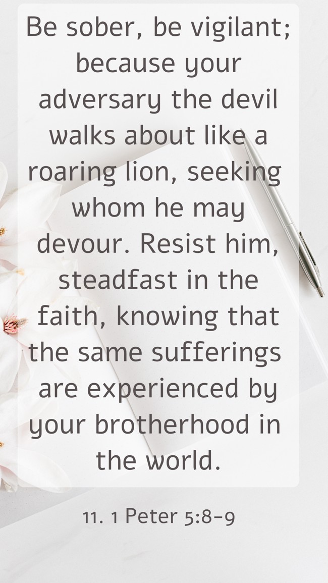 Be sober, be vigilant; because your adversary the devil walks about like a roaring lion, seeking whom he may devour. Resist him, steadfast in the faith, knowing that the same sufferings are experienced by your brotherhood in the world. - 11. 1 Peter 5:8-9
