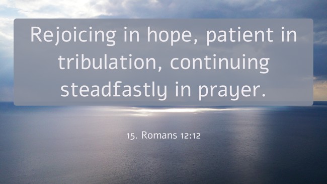 Rejoicing in hope, patient in tribulation, continuing steadfastly in prayer. - 15. Romans 12:12