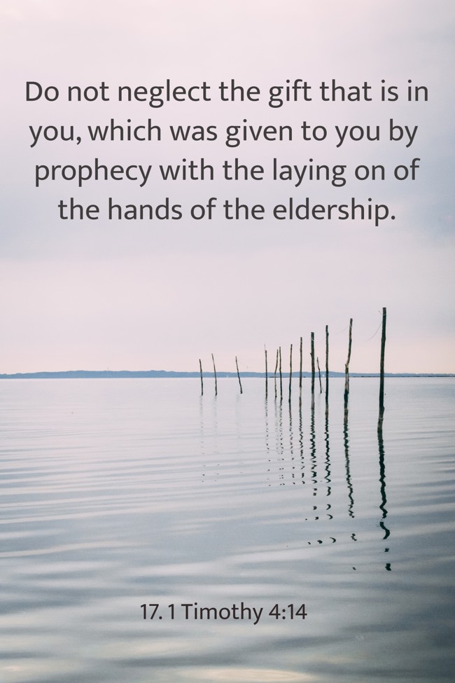 Do not neglect the gift that is in you, which was given to you by prophecy with the laying on of the hands of the eldership. - 17. 1 Timothy 4:14