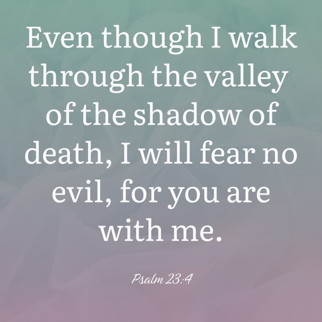 Even though I walk through the valley of the shadow of death, I will fear no evil, for you are with me. - Psalm 23:4
