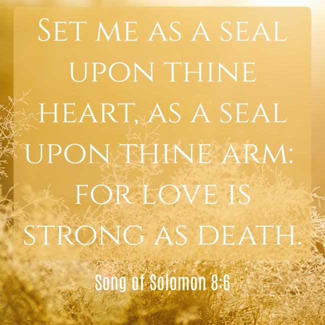 Set me as a seal upon thine heart, as a seal upon thine arm: for love is strong as death. - Song of Solomon 8:6