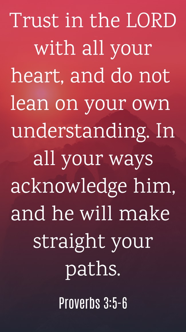 Trust in the LORD with all your heart, and do not lean on your own understanding. In all your ways acknowledge him, and he will make straight your paths. - Proverbs 3:5-6