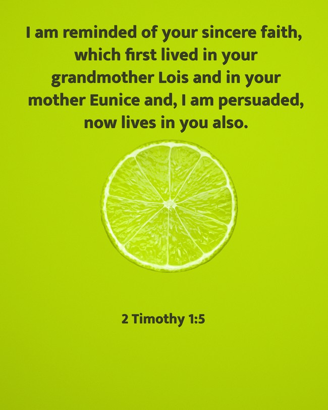 I am reminded of your sincere faith, which first lived in your grandmother Lois and in your mother Eunice and, I am persuaded, now lives in you also. - 2 Timothy 1:5