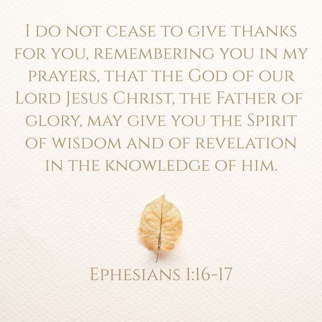 I do not cease to give thanks for you, remembering you in my prayers, that the God of our Lord Jesus Christ, the Father of glory, may give you the Spirit of wisdom and of revelation in the knowledge of him. - Ephesians 1:16-17
