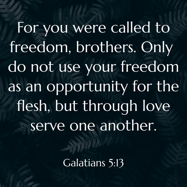 For you were called to freedom, brothers. Only do not use your freedom as an opportunity for the flesh, but through love serve one another. - Galatians 5:13