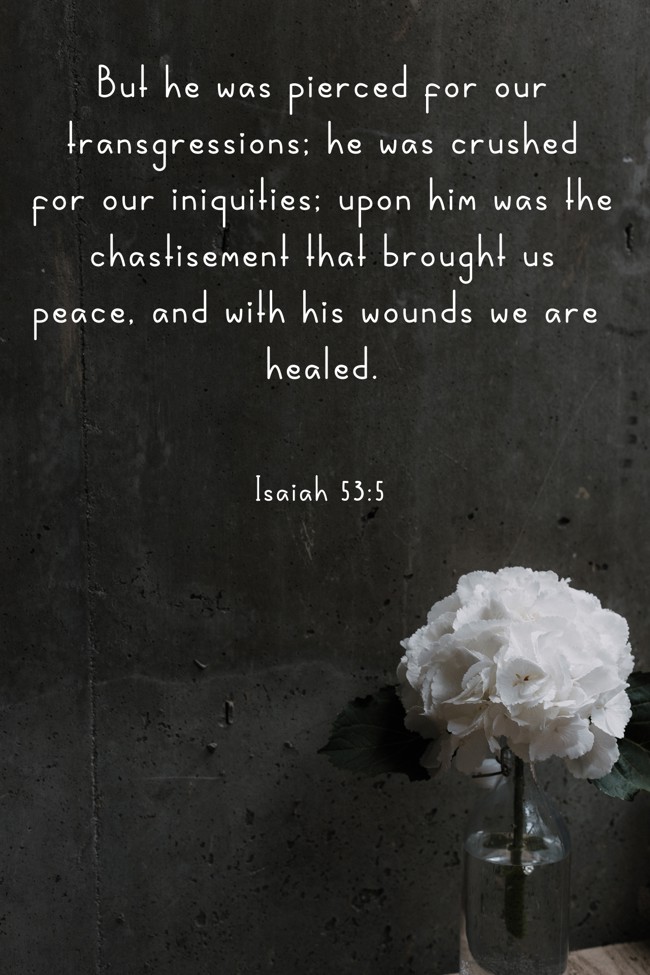 But he was pierced for our transgressions; he was crushed for our iniquities; upon him was the chastisement that brought us peace, and with his wounds we are healed. - Isaiah 53:5
