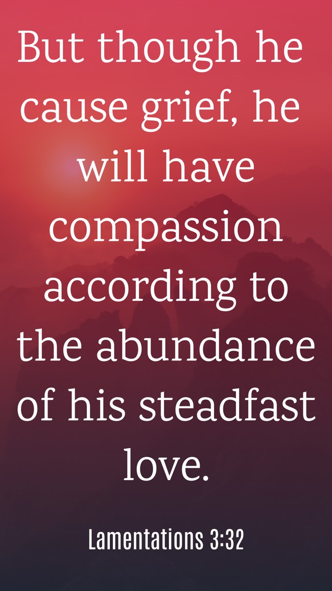 But though he cause grief, he will have compassion according to the abundance of his steadfast love. - Lamentations 3:32