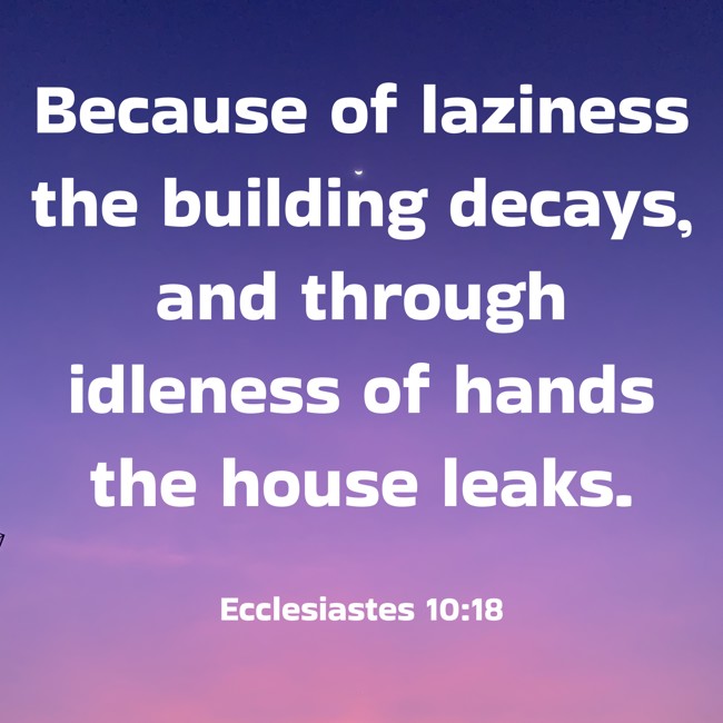 Because of laziness the building decays, and through idleness of hands the house leaks. - Ecclesiastes 10:18