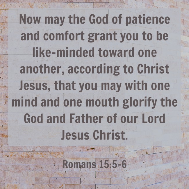 Now may the God of patience and comfort grant you to be like-minded toward one another, according to Christ Jesus, that you may with one mind and one mouth glorify the God and Father of our Lord Jesus Christ. - Romans 15:5-6