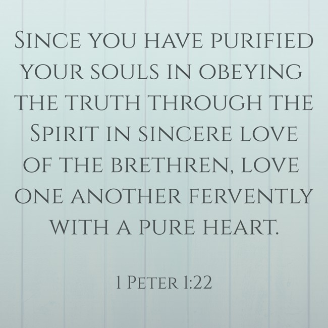Since you have purified your souls in obeying the truth through the Spirit in sincere love of the brethren, love one another fervently with a pure heart. - 1 Peter 1:22