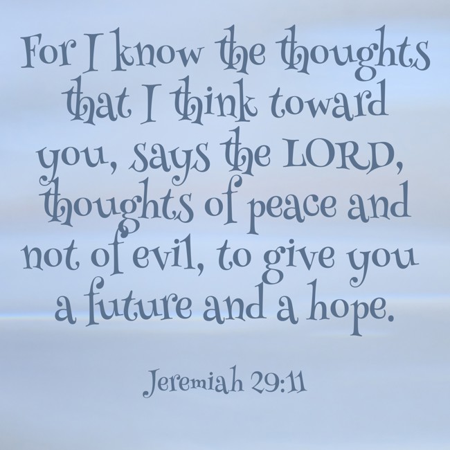 For I know the thoughts that I think toward you, says the LORD, thoughts of peace and not of evil, to give you a future and a hope. - Jeremiah 29:11