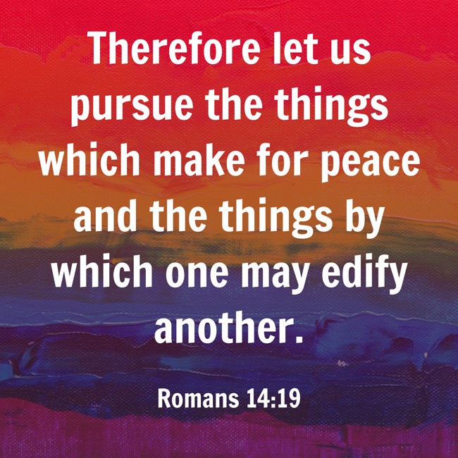 Therefore let us pursue the things which make for peace and the things by which one may edify another. - Romans 14:19