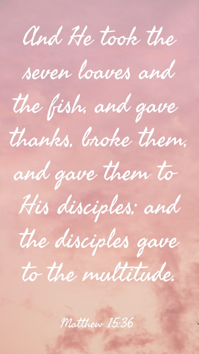 And He took the seven loaves and the fish, and gave thanks, broke them, and gave them to His disciples; and the disciples gave to the multitude. - Matthew 15:36