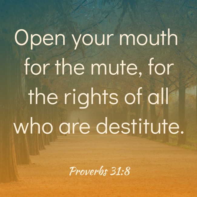 Open your mouth for the mute, for the rights of all who are destitute. - Proverbs 31:8