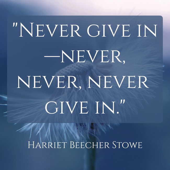Never give in—never, never, never give in. - Harriet Beecher Stowe