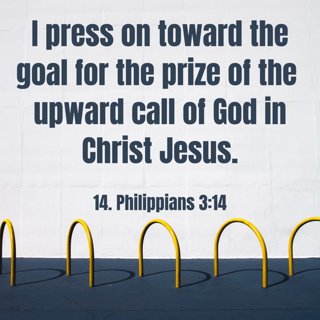 I press on toward the goal for the prize of the upward call of God in Christ Jesus. - 14. Philippians 3:14