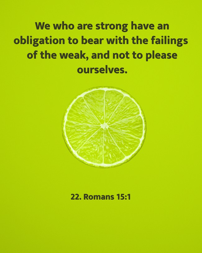We who are strong have an obligation to bear with the failings of the weak, and not to please ourselves. - 22. Romans 15:1