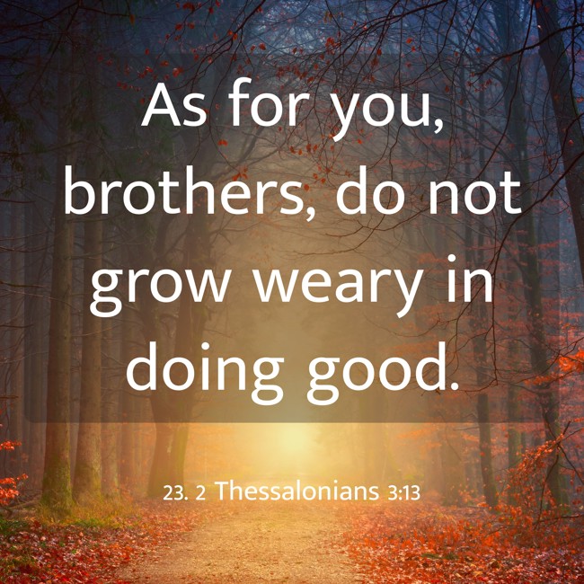 As for you, brothers, do not grow weary in doing good. - 23. 2 Thessalonians 3:13