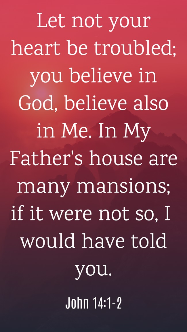 Let not your heart be troubled; you believe in God, believe also in Me. In My Father's house are many mansions; if it were not so, I would have told you. - John 14:1-2