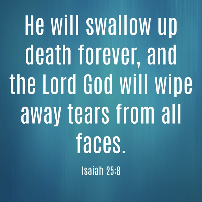 He will swallow up death forever, and the Lord God will wipe away tears from all faces. - Isaiah 25:8