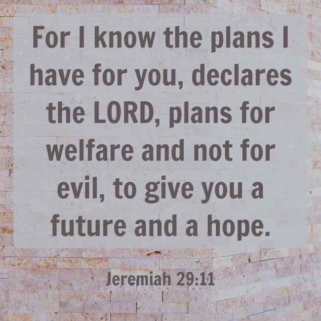 For I know the plans I have for you, declares the LORD, plans for welfare and not for evil, to give you a future and a hope. - Jeremiah 29:11