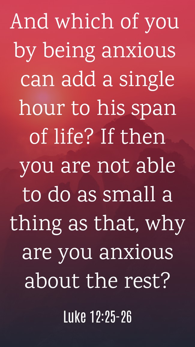 And which of you by being anxious can add a single hour to his span of life? If then you are not able to do as small a thing as that, why are you anxious about the rest? - Luke 12:25-26