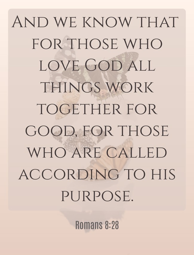 And we know that for those who love God all things work together for good, for those who are called according to his purpose. - Romans 8:28