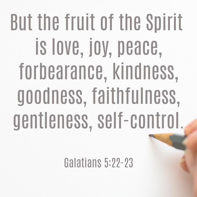  But the fruit of the Spirit is love, joy, peace, forbearance, kindness, goodness, faithfulness, gentleness, self-control.   - Galatians 5:22-23 