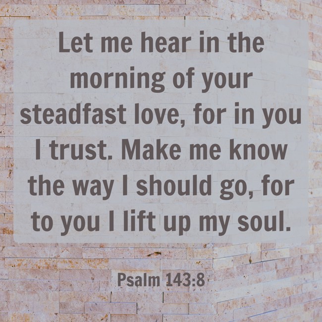  Let me hear in the morning of your steadfast love, for in you I trust. Make me know the way I should go, for to you I lift up my soul.   - Psalm 143:8 