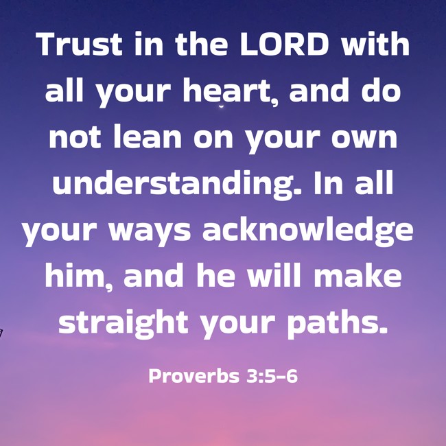  Trust in the LORD with all your heart, and do not lean on your own understanding. In all your ways acknowledge him, and he will make straight your paths.   - Proverbs 3:5-6 