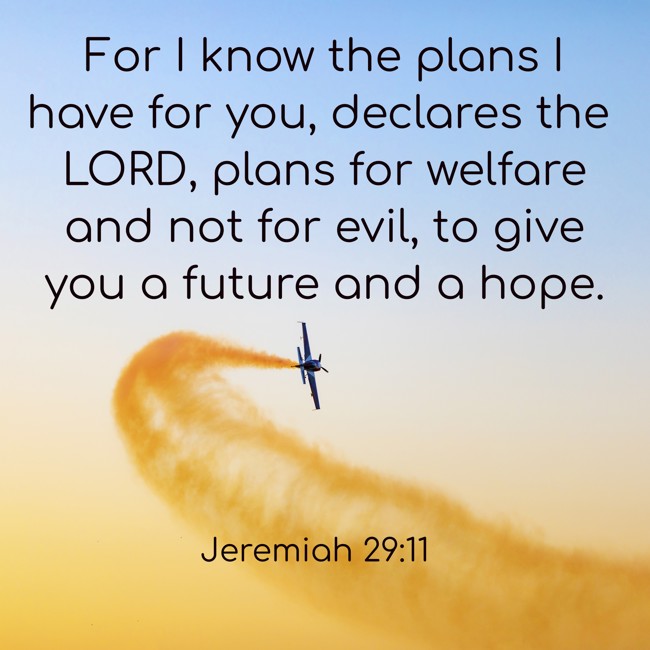 For I know the plans I have for you, declares the LORD, plans for welfare and not for evil, to give you a future and a hope. - Jeremiah 29:11