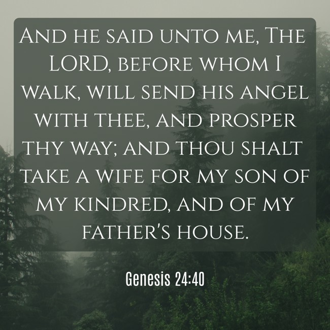 And he said unto me, The LORD, before whom I walk, will send his angel with thee, and prosper thy way; and thou shalt take a wife for my son of my kindred, and of my father's house. - Genesis 24:40