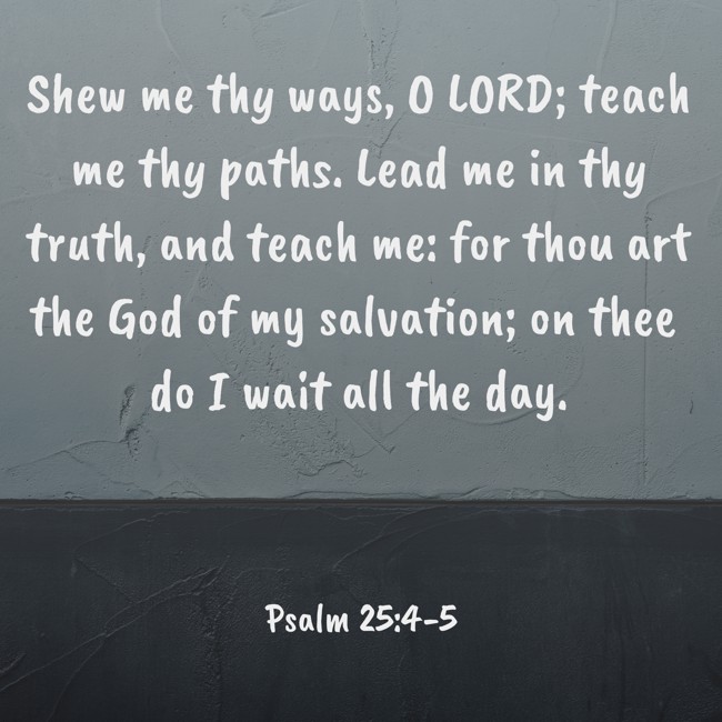 Shew me thy ways, O LORD; teach me thy paths. Lead me in thy truth, and teach me: for thou art the God of my salvation; on thee do I wait all the day. - Psalm 25:4-5