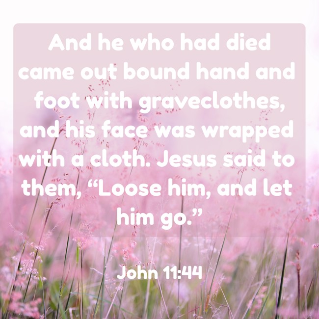 And he who had died came out bound hand and foot with graveclothes, and his face was wrapped with a cloth. Jesus said to them, “Loose him, and let him go.” - John 11:44