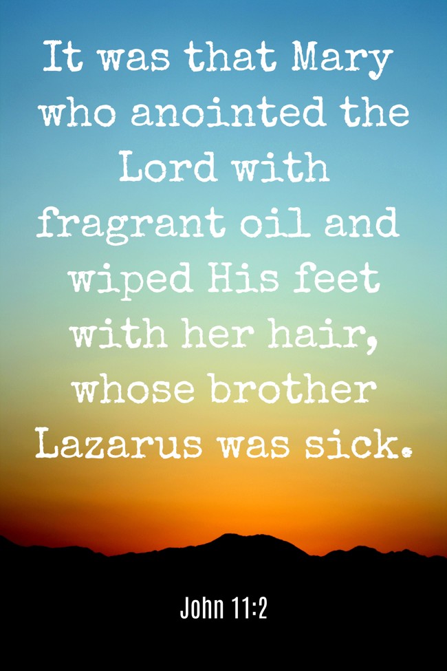 It was that Mary who anointed the Lord with fragrant oil and wiped His feet with her hair, whose brother Lazarus was sick. - John 11:2