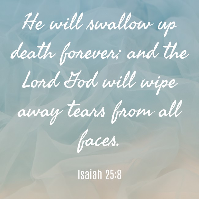 He will swallow up death forever; and the Lord God will wipe away tears from all faces. - Isaiah 25:8