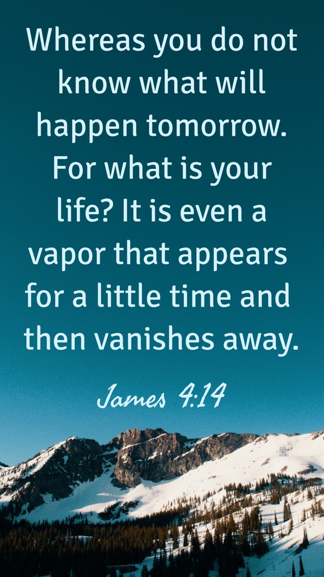 Whereas you do not know what will happen tomorrow. For what is your life? It is even a vapor that appears for a little time and then vanishes away. - James 4:14