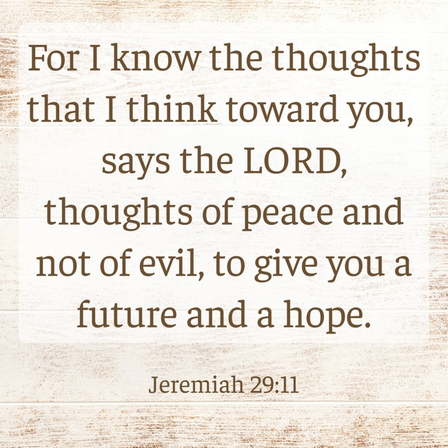For I know the thoughts that I think toward you, says the LORD, thoughts of peace and not of evil, to give you a future and a hope. - Jeremiah 29:11