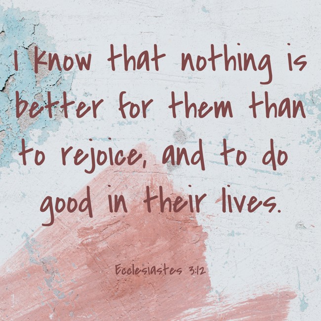 I know that nothing is better for them than to rejoice, and to do good in their lives. - Ecclesiastes 3:12