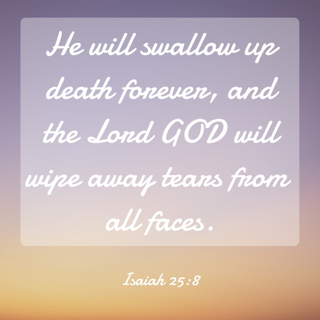 He will swallow up death forever, and the Lord GOD will wipe away tears from all faces. - Isaiah 25:8
