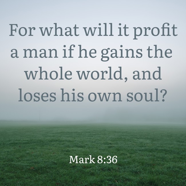 For what will it profit a man if he gains the whole world, and loses his own soul? - Mark 8:36