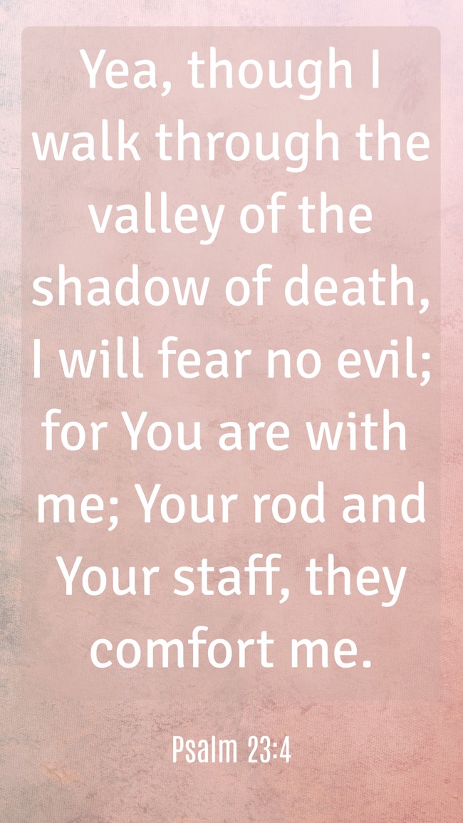 Yea, though I walk through the valley of the shadow of death, I will fear no evil; for You are with me; Your rod and Your staff, they comfort me. - Psalm 23:4